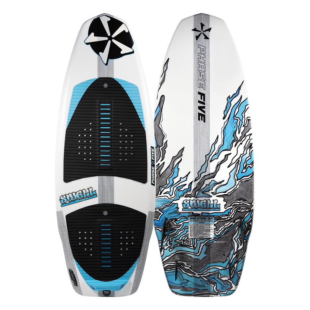 Front view of the Phase 5 Swell Wakesurf Board 2026 shows black traction pads with blue accents; back features bold blue, black, and gray graphics with PHASE 5 and SWELL branding—a true performance surf style board.