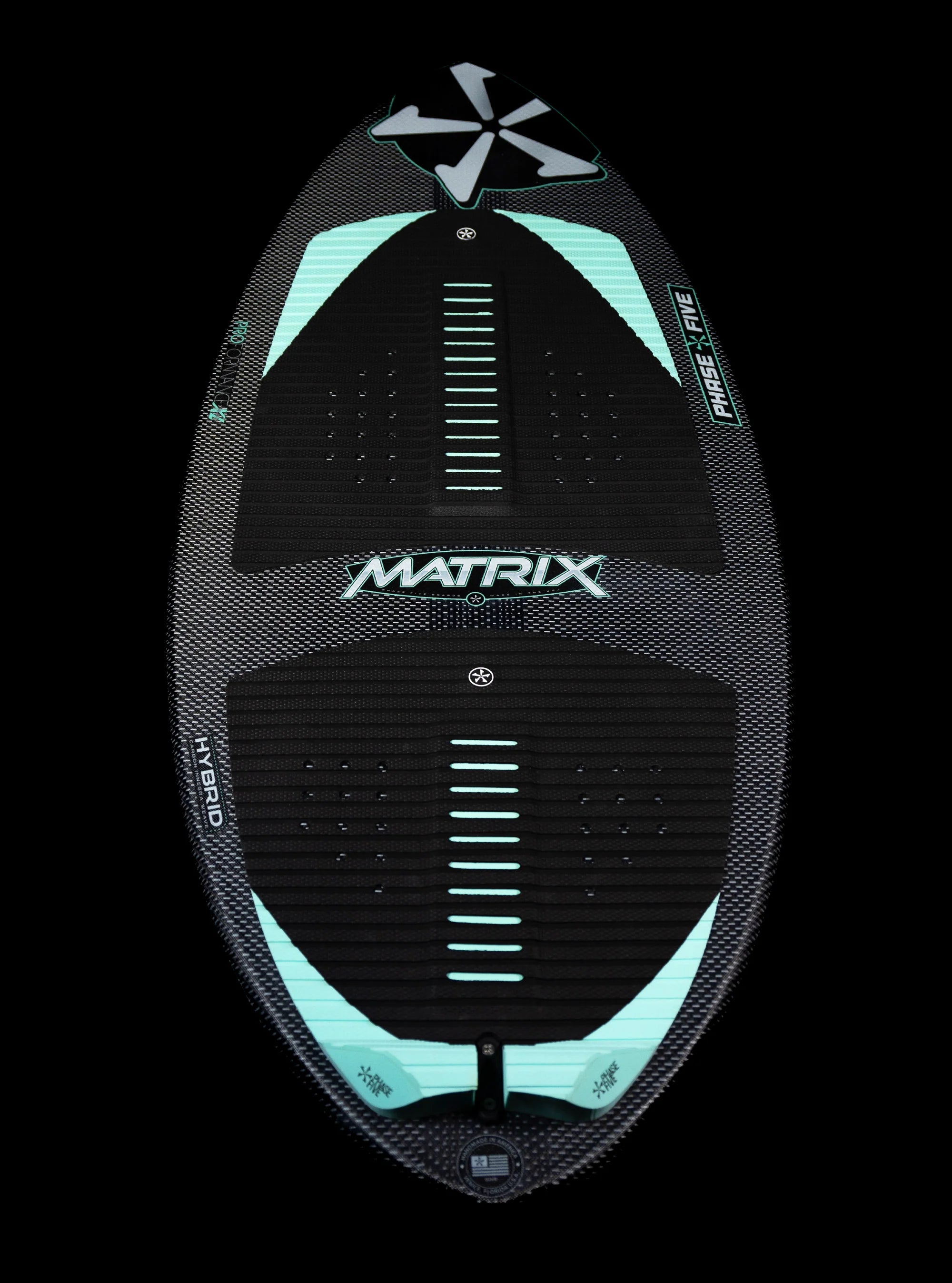 Top side of the Phase 5 2025 Matrix Wakesurf Board is pictured with a black background