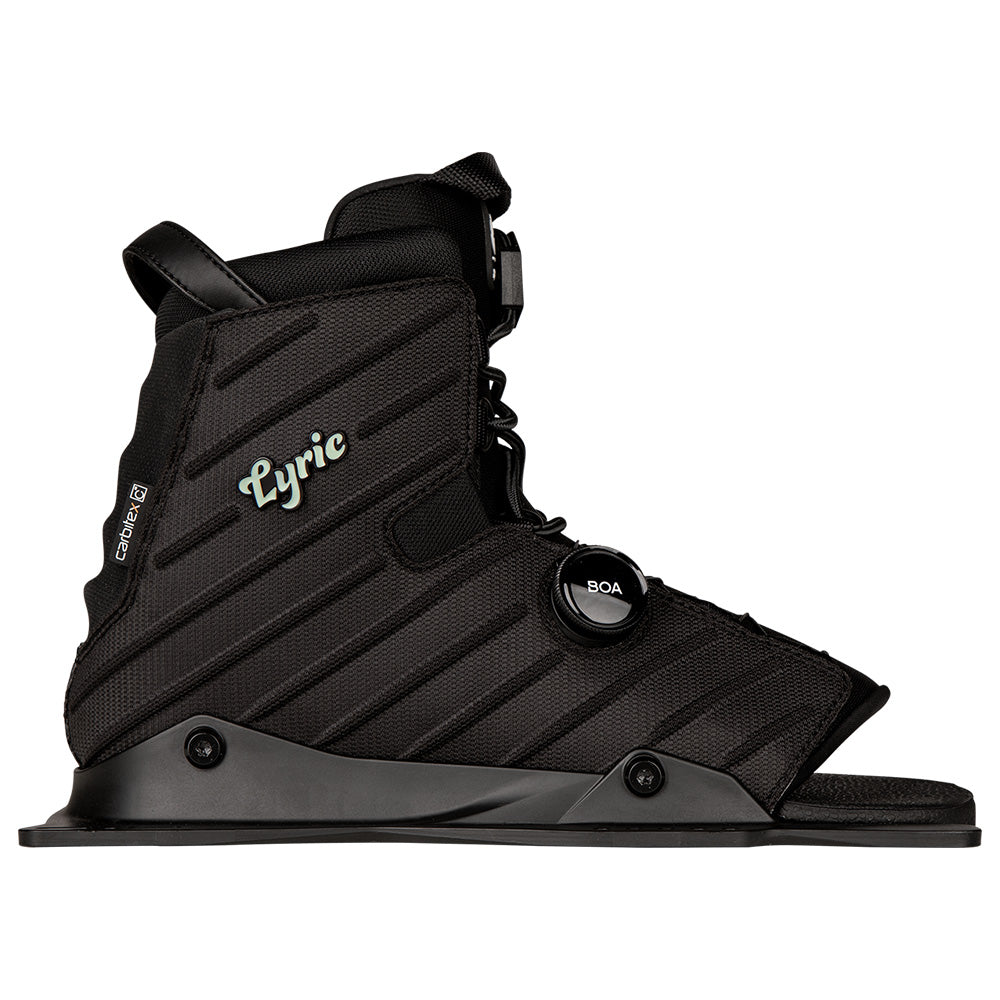 Introducing the Radar 2025 Lyric BOA Women's Waterski Bindings, a black boot equipped with the Lyric BOA Fit System. This design incorporates a flat base and ribbed texture, enhanced by Carbitex technology to deliver precision and comfort during every ride.