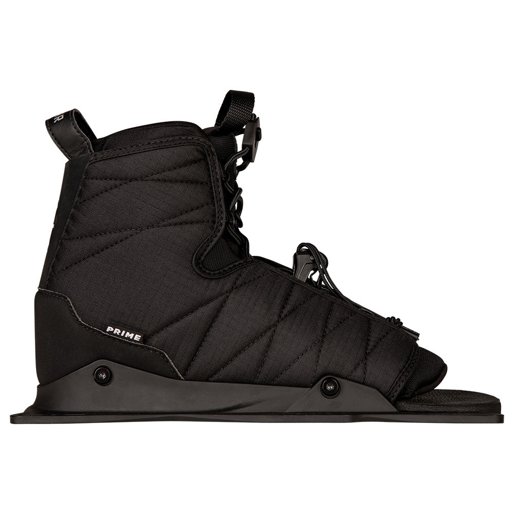 The Radar 2025 Prime Waterski Bindings showcase a sleek black design with a high ankle and adjustable laces, incorporating the robust Feather Frame 2.0 Chassis, complete with Prime branding on the side. These bindings provide a symmetrical fit for enhanced performance.