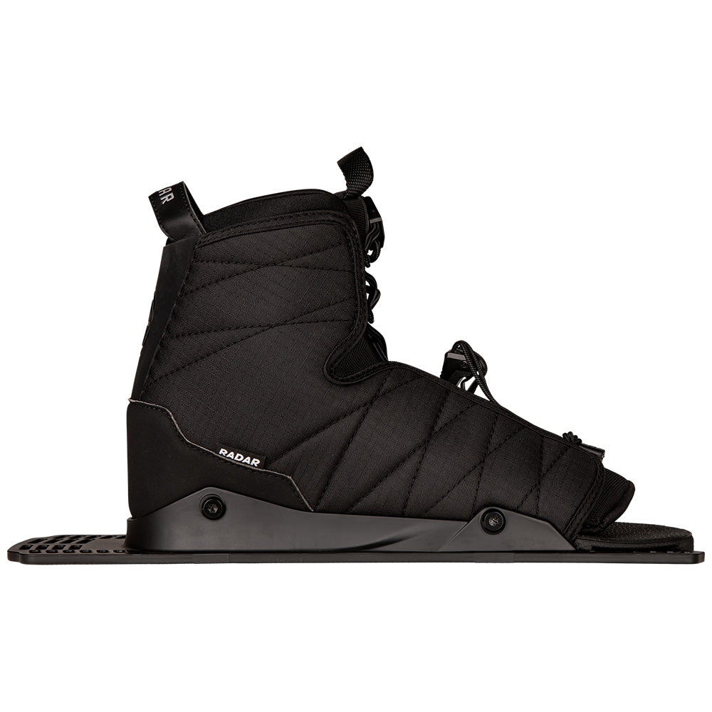 The Radar 2025 Prime Waterski Bindings by Radar boast a black design with high tops, laces, and adjustable straps. Enhanced with the Feather Frame 2.0 Chassis for optimal performance, these bindings provide a symmetrical fit that is securely mounted to the plate.