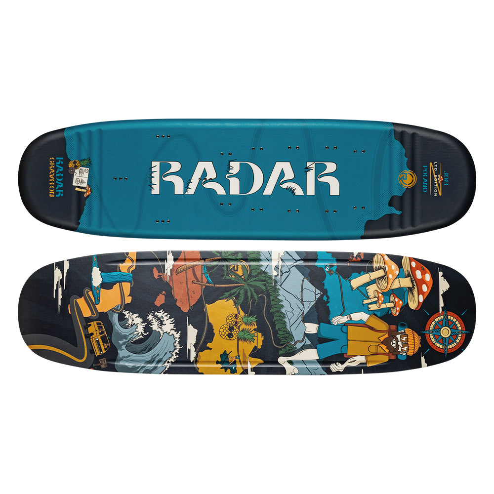 Two views of the Radar Graviton Trick Waterski 2026: the teal top shows RADAR in bold white, while the bottom features colorful waves, mountains, trees, mushrooms, and a compass, designed for smooth landings inspired by trick skiing.