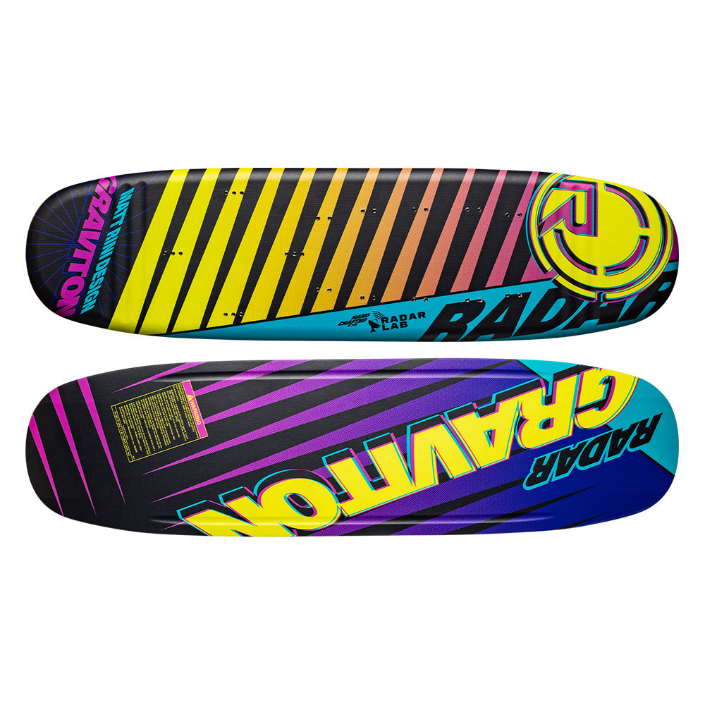 The Radar Graviton Trick Waterski 2026 by Radar features bold geometric designs with vibrant yellow, orange, and pink stripes plus “RADAR” and “GRAVITON” graphics—ideal for trick skiing and smooth landings.