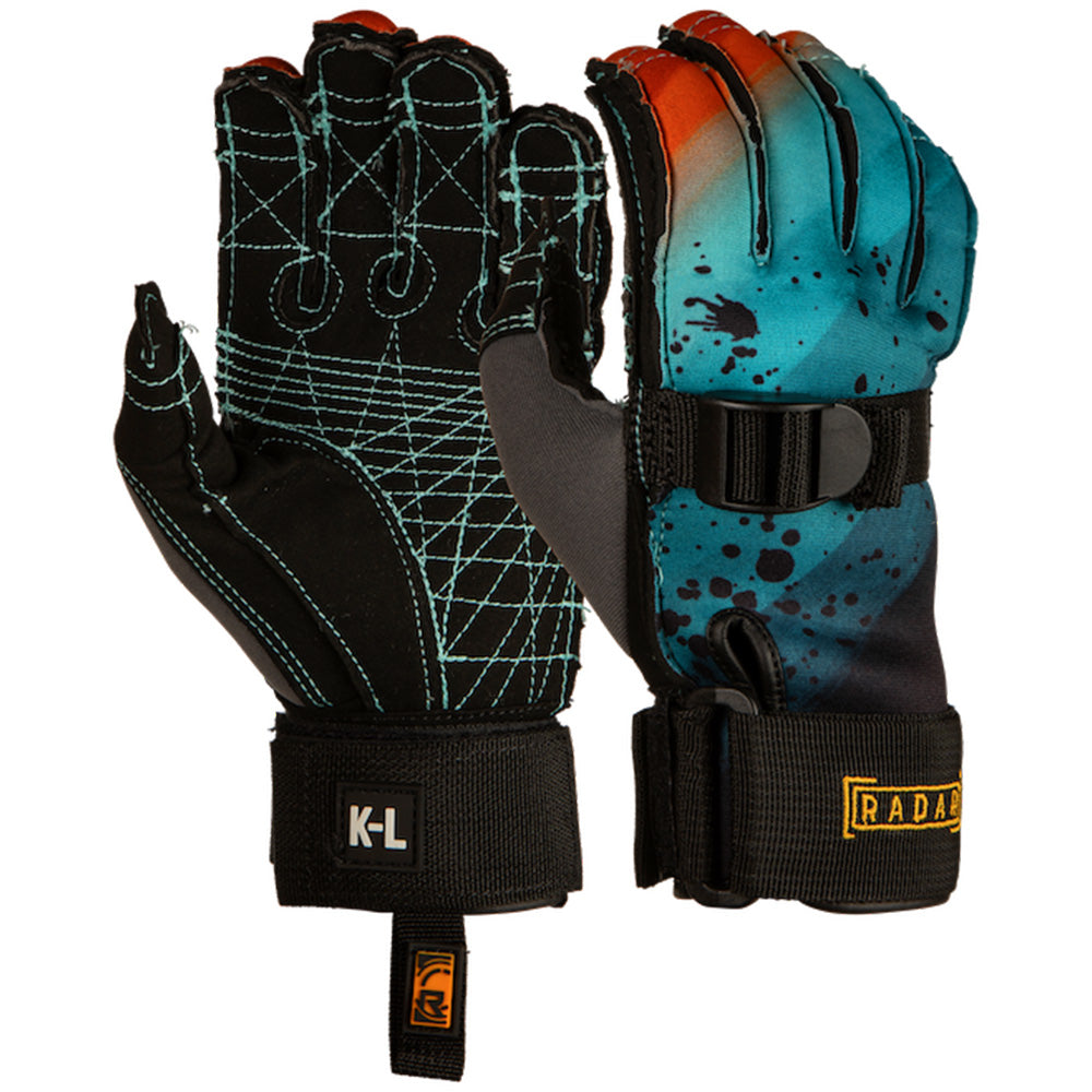 Introducing the Radar Kid's TRA Inside-Out Waterski Gloves by Radar. These vibrant fingerless gloves are designed with a unique Power-Pull Closure System to ensure a secure fit and feature dynamic stitched patterns. One glove is predominantly black, while the other showcases a striking blue and orange splattered design, complemented by the Neoprene Stretch Zone for enhanced flexibility.