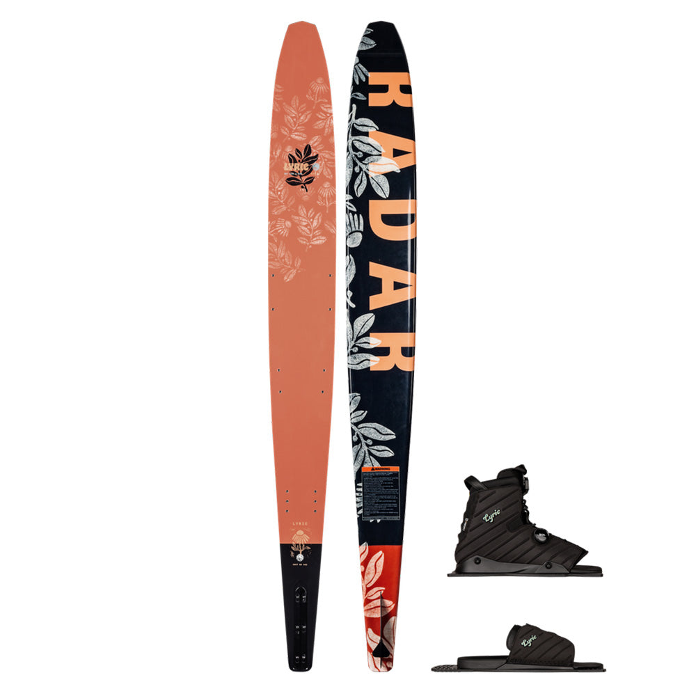 The Radar Lyric Women's Waterski | Lyric Boa + Boa ARTP 2026 by Radar features floral graphics, RADAR branding, black adjustable bindings, and high-performance carbon fiber construction, with one ski showing the top and the other the base.