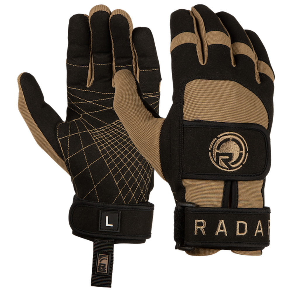 Introducing the Radar Podium Waterski Gloves by Radar, featuring a combination of brown and black hues, these gloves are crafted from Amara Construction to ensure lasting performance. Enhanced with Velcro straps for a secure fit and grip-enhancing patterns for improved control.