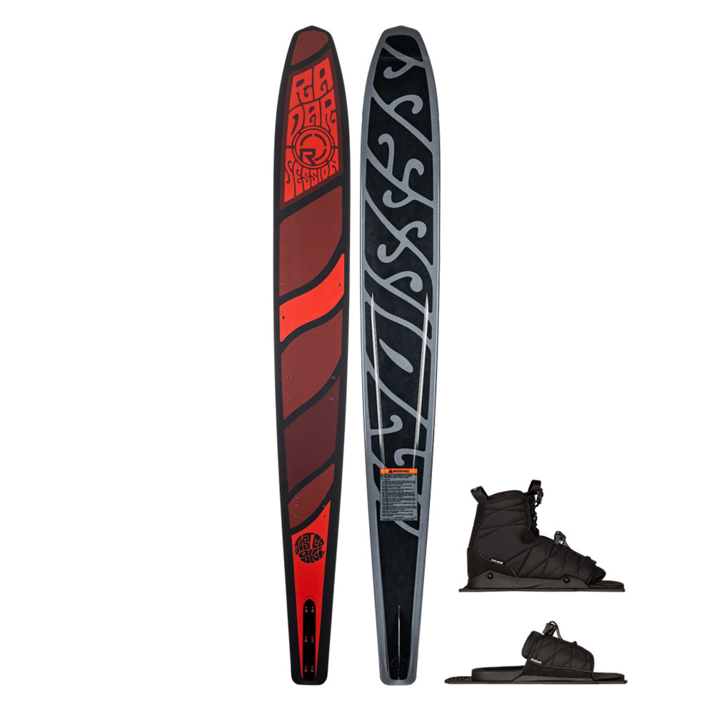 Two Radar Session Waterskis from the Open Water Series are shown: one red/black and one black/gray. Below each, a pair of black Radar Prime + ARTP adjustable bindings is also displayed.