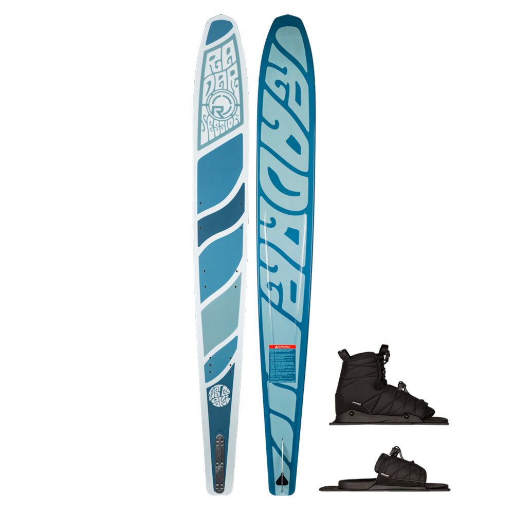 The Radar Session Women's Waterski | Prime + ARTP 2026, by Radar, features blue and white slalom skis with bold branding and a black adjustable ski binding—ideal for smooth rides through open water.