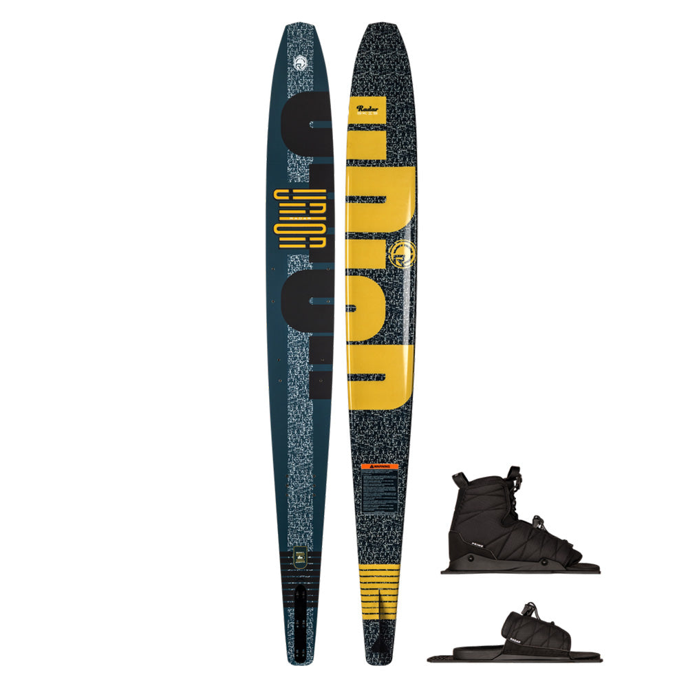 The Radar Union Waterski | Prime + ARTP 2026 by Radar features bold black and yellow graphics and a matching adjustable binding, designed for easy deepwater starts and delivering the performance water ski enthusiasts expect.