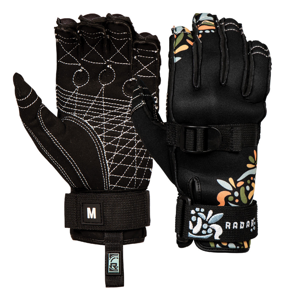 The Radar Women's Lyric Inside-Out Waterski Gloves by Radar include one glove adorned with intricate white stitching and the other showcasing a floral pattern on the neoprene backhand. Both gloves come with adjustable wrist straps and are available in a medium size, marked with an "M.