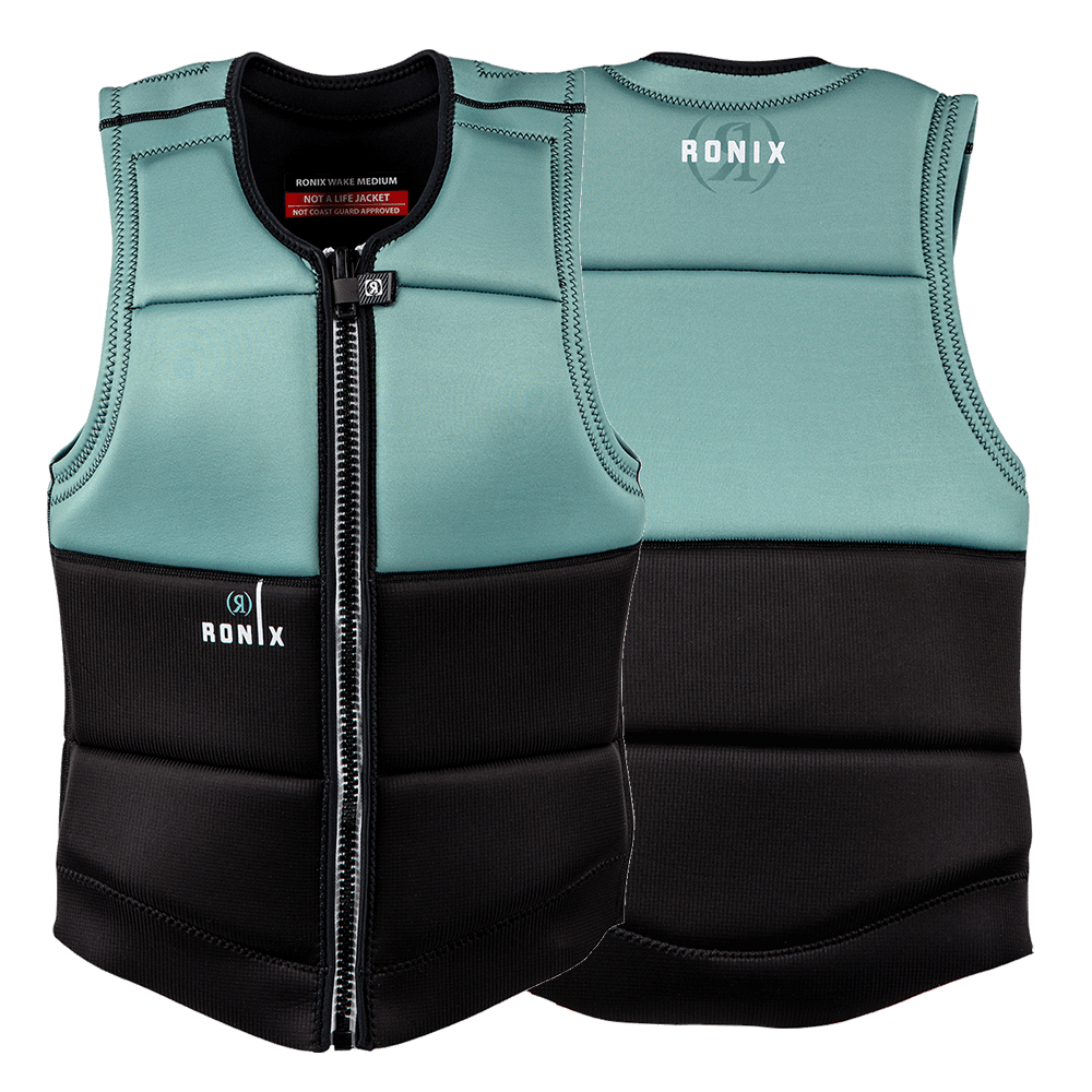 A lightweight Ronix 2024 Avalon Women's CE Impact Vest in turquoise and black, made with Flex Foam for added comfort and featuring a 4-way stretch material.