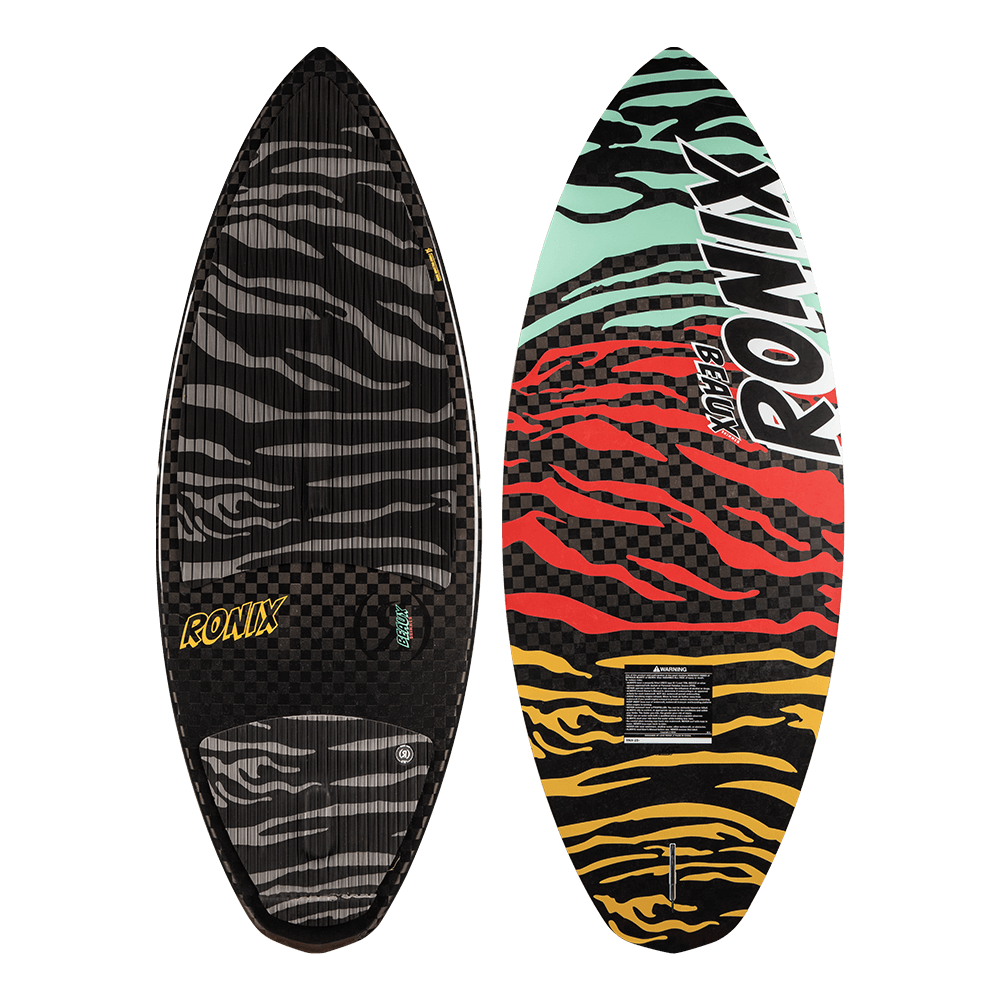 A lightweight Ronix 2024 Beaux Skimmer Wakesurf Board with a zebra print design.
