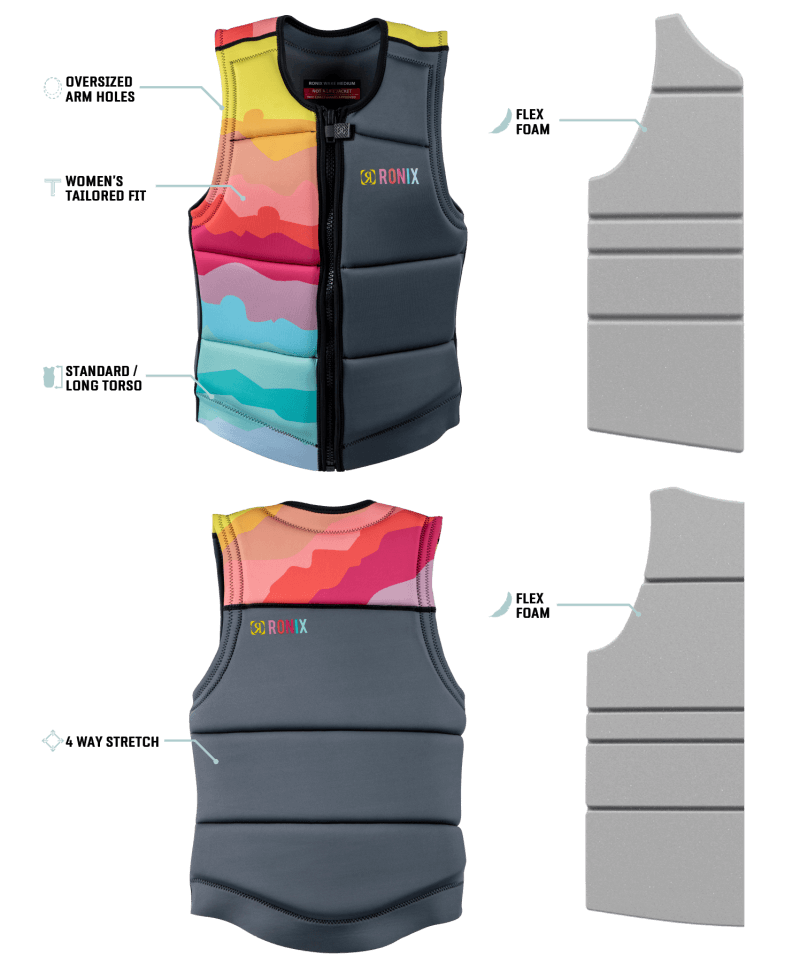 A Ronix 2024 Coral Women's CE Impact Vest designed with flex foam for a Manhattan Tailored Fit.
