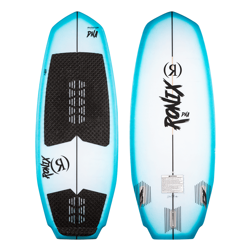 A Ronix 2024 Flyweight Pro DNA Wakesurf Board with a blue and black design.