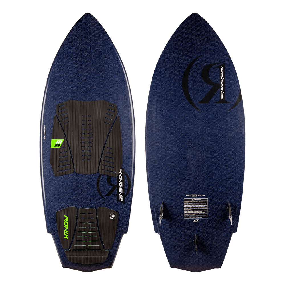 A Ronix 2024 H.O.M.E. Carbon Pro M50 Wakesurf Board with a blue wakeboard and a black and green design.