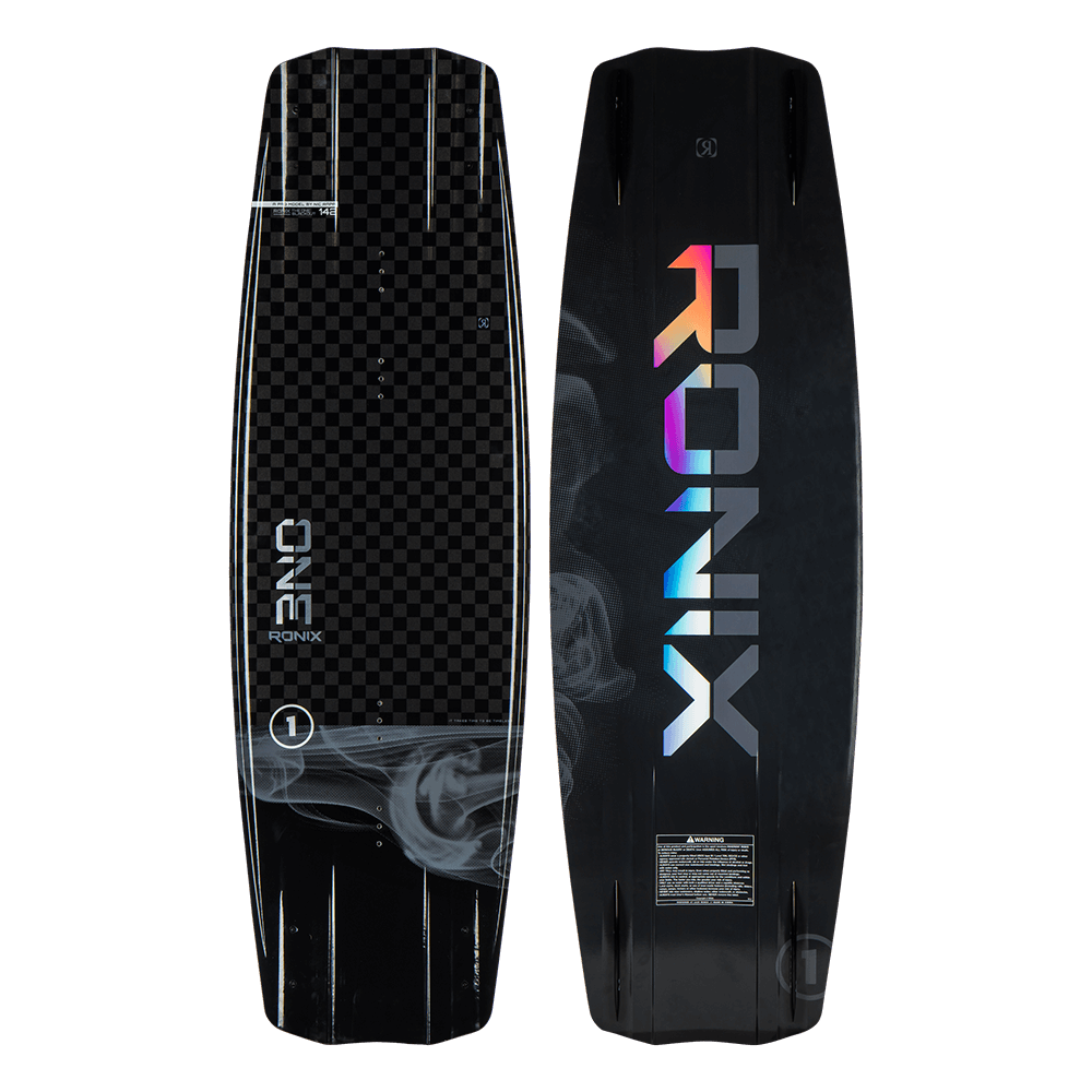 Ronix 2024 One Blackout Wakeboard top and bottom of board pictured together