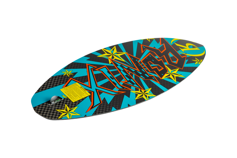 Introducing the Ronix 2025 Beaux Skimmer Wakesurf Board, a lively and energetic piece of equipment perfect for high-energy skimmers. Adorned with a vibrant star and lightning bolt design, along with the word "Xing" in bold letters, this board is crafted with a High Voltage Core to ensure exceptional performance.