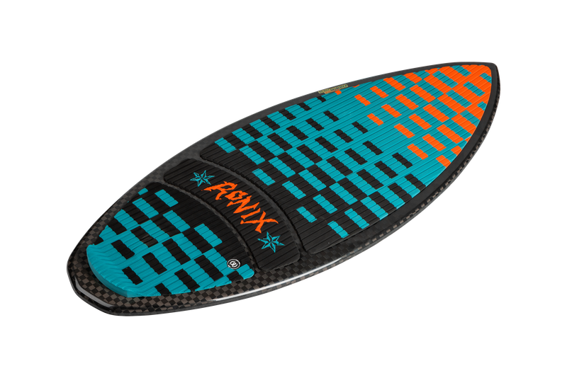 Introducing the Ronix 2025 Beaux Skimmer Wakesurf Board, a stylish black board adorned with a striking geometric pattern in blue, teal, and orange. Crafted with spread tow fabric by Ronix for enhanced performance.