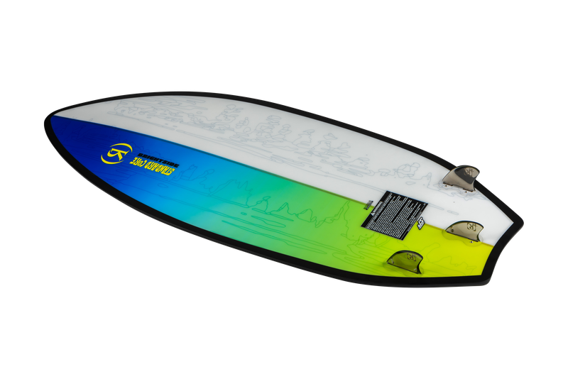 The Ronix 2025 Brightside Wakesurf Board by Ronix features a vibrant gradient design transitioning from blue to green, complete with fins and text details on the top side. Its adaptable shape is designed to elevate your wakesurfing experience for the ultimate ride.