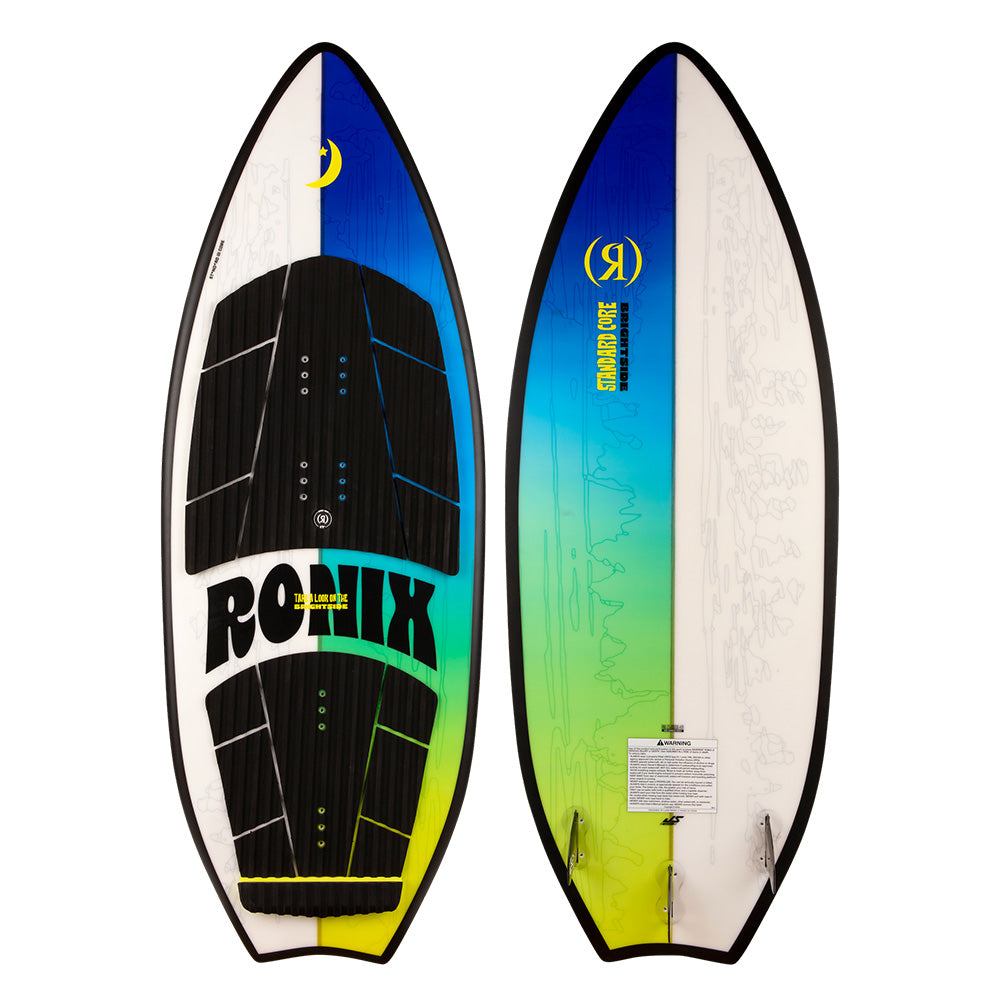 The Ronix 2025 Brightside Wakesurf Board features two views of its vibrant design, showcasing a versatile shape with a blue, yellow, and green gradient, along with black traction pads and the bold RONIX branding, promising an unmatched wakesurfing experience.