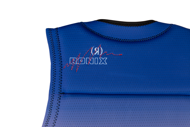 Close-up of a blue Ronix 2025 Coral Women's CE Impact Vest, highlighting the intricate stitching details and the brand logo. This Manhattan Tailored Fit design incorporates Flex Foam for enhanced comfort and mobility.