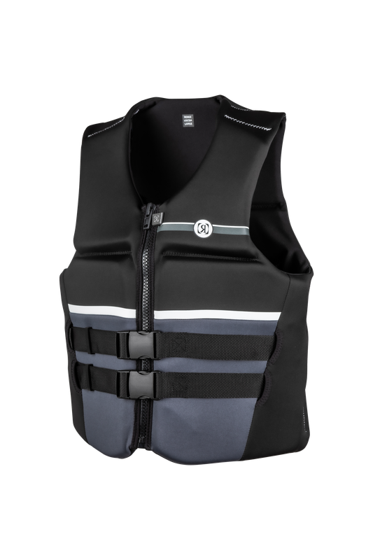 The Ronix 2025 Covert Men's CGA Vest, a black and gray life vest with dual horizontal stripes and two adjustable buckles on the front, is a US Coast Guard Approved design that also features water-resistant properties.