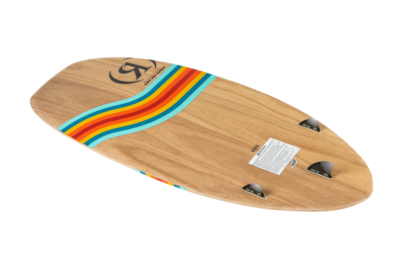 The Ronix 2025 Element Core Blunt Nose Skimmer, crafted by Ronix, is a wooden surfboard featuring a lightweight surf core and colorful stripes. Its three fins on the bottom enhance stability for smooth rides.