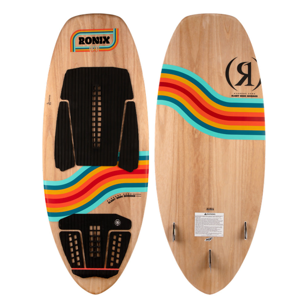 The Ronix 2025 Element Core Blunt Nose Skimmer showcases two perspectives of its lightweight wooden construction, adorned with vibrant stripes and equipped with black grip pads. It features three fins on the underside for improved stability.