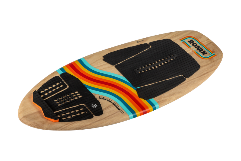 The Ronix 2025 Element Core Blunt Nose Skimmer is a wooden wakeboard adorned with colorful wavy stripes and equipped with black foot grips, utilizing Ronix's lightweight surf core technology to enhance stability.