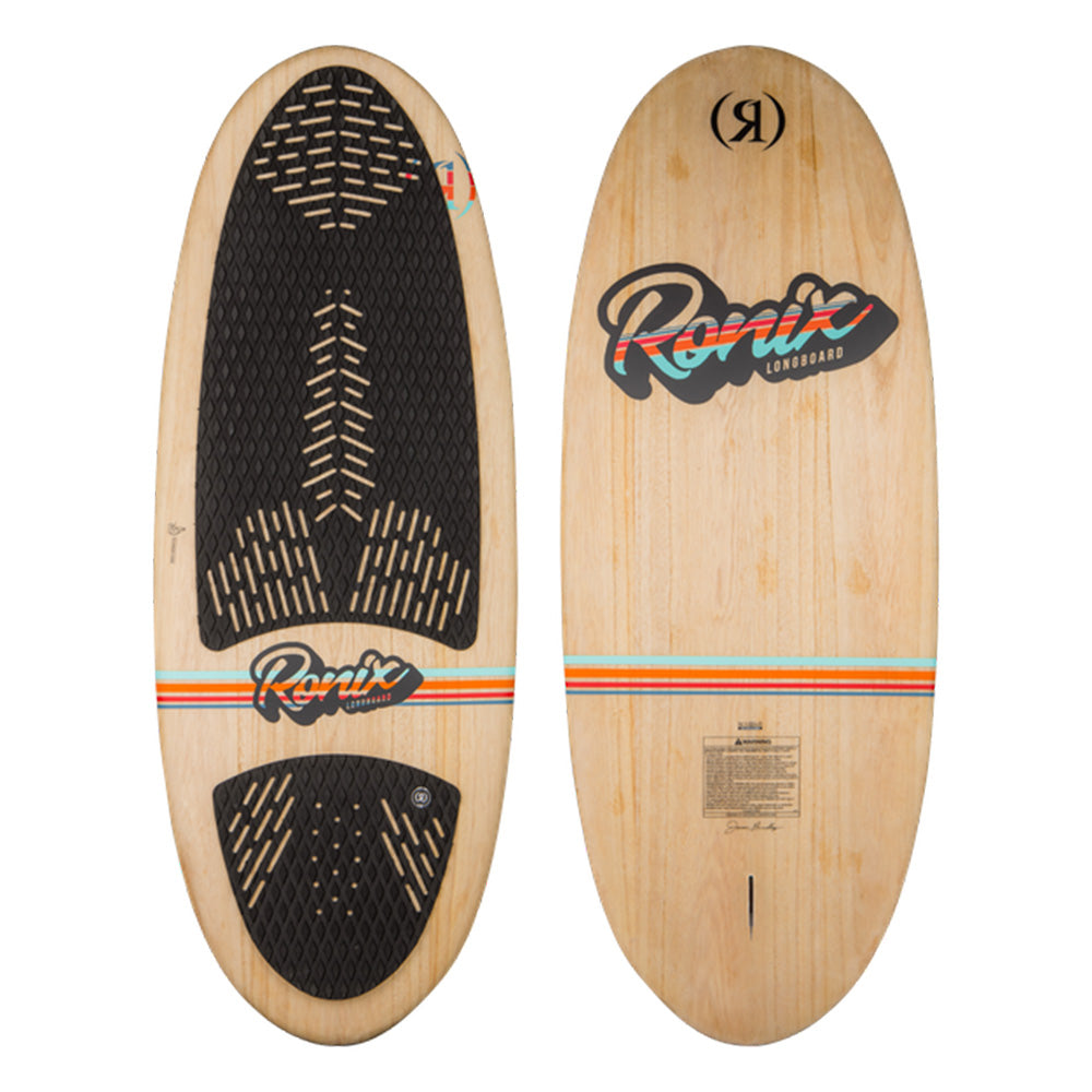 Two views of the Ronix 2025 Element Core Longboard Wakesurf Board featuring a surf style design with a wooden finish made from Paulownia wood, adorned with black traction pads and colorful stripes. One side displays the top with pads, while the underside showcases branding and text.