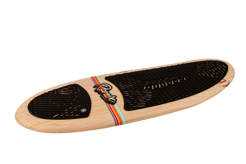 Ronix's 2025 Element Core Longboard Wakesurf Board boasts a black grip tape and vibrant striped design, constructed from sturdy Paulownia wood to provide the ultimate surf style experience.