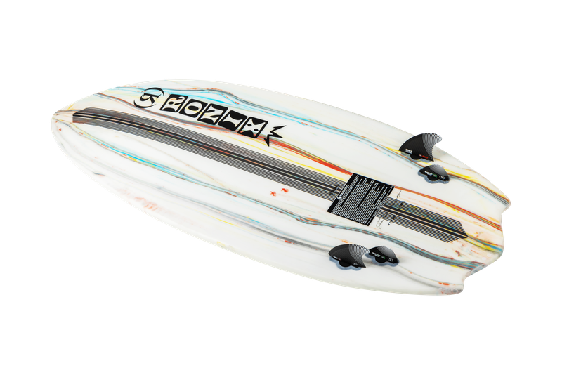 The Ronix 2025 Flyweight Atlantik Wakesurf Board is a high-performance product featuring three fins and colorful stripes. It showcases a brand logo and text on the top surface. With its sharper rail design, this board ensures quick maneuvers, enhancing the agility of Ronix's reactive wakesurf board in the surf.