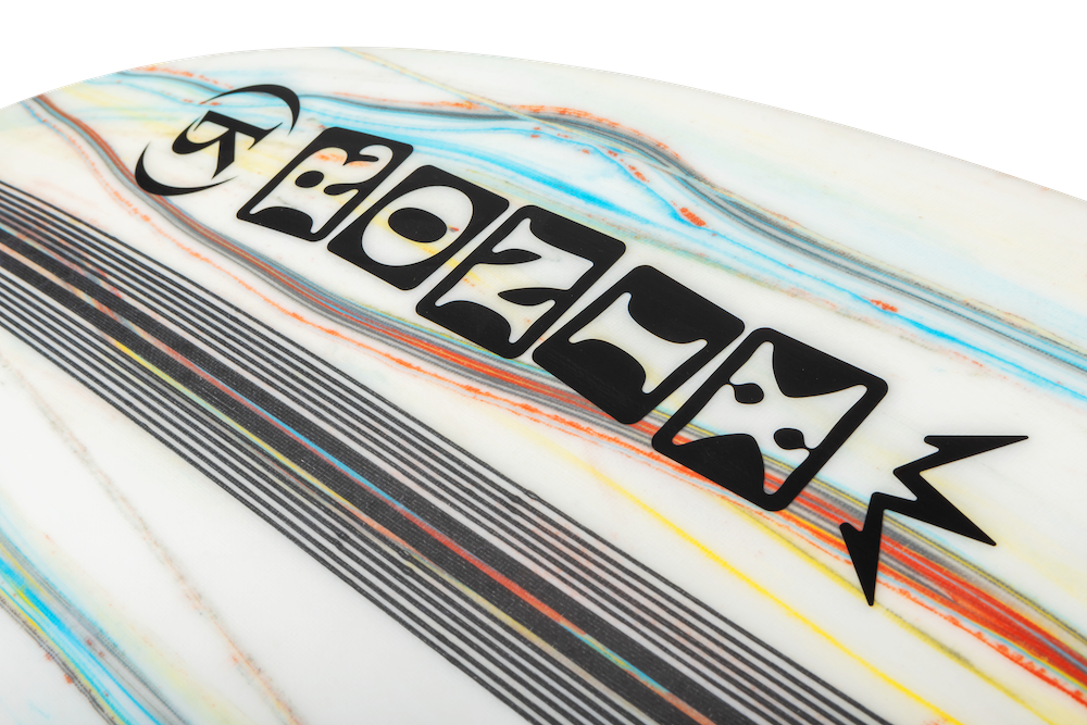 Close-up of the Ronix 2025 Flyweight Atlantik Wakesurf Board corner, showcasing vibrant stripes and stylized black text with a lightning bolt design, capturing the essence of a high-performance surfer and engineered with a sharper rail for those exhilarating rides.