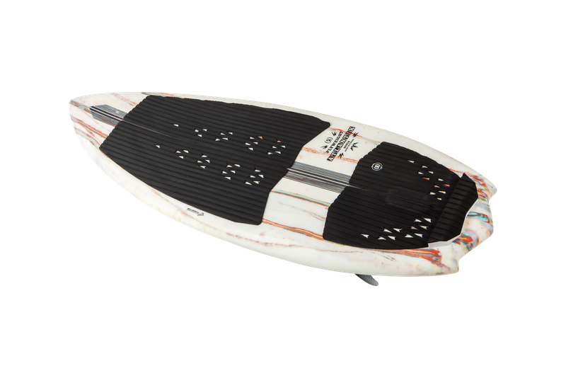 The Ronix 2025 Flyweight Atlantik Wakesurf Board is a white and black surfboard showcasing colorful marbled patterns and textured grip pads, viewed from the top. Designed for high-performance surfers, its sharper rail enhances maneuverability, delivering a reactive board experience on every wave.