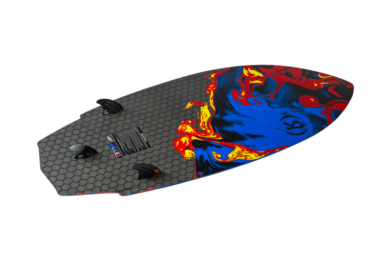 The Ronix 2025 H.O.M.E. Carbon Pro M50 Wakesurf Board by Ronix showcases a premium design with a hexagonal pattern on one side and a vivid, abstract composition of red, yellow, and blue on the other.