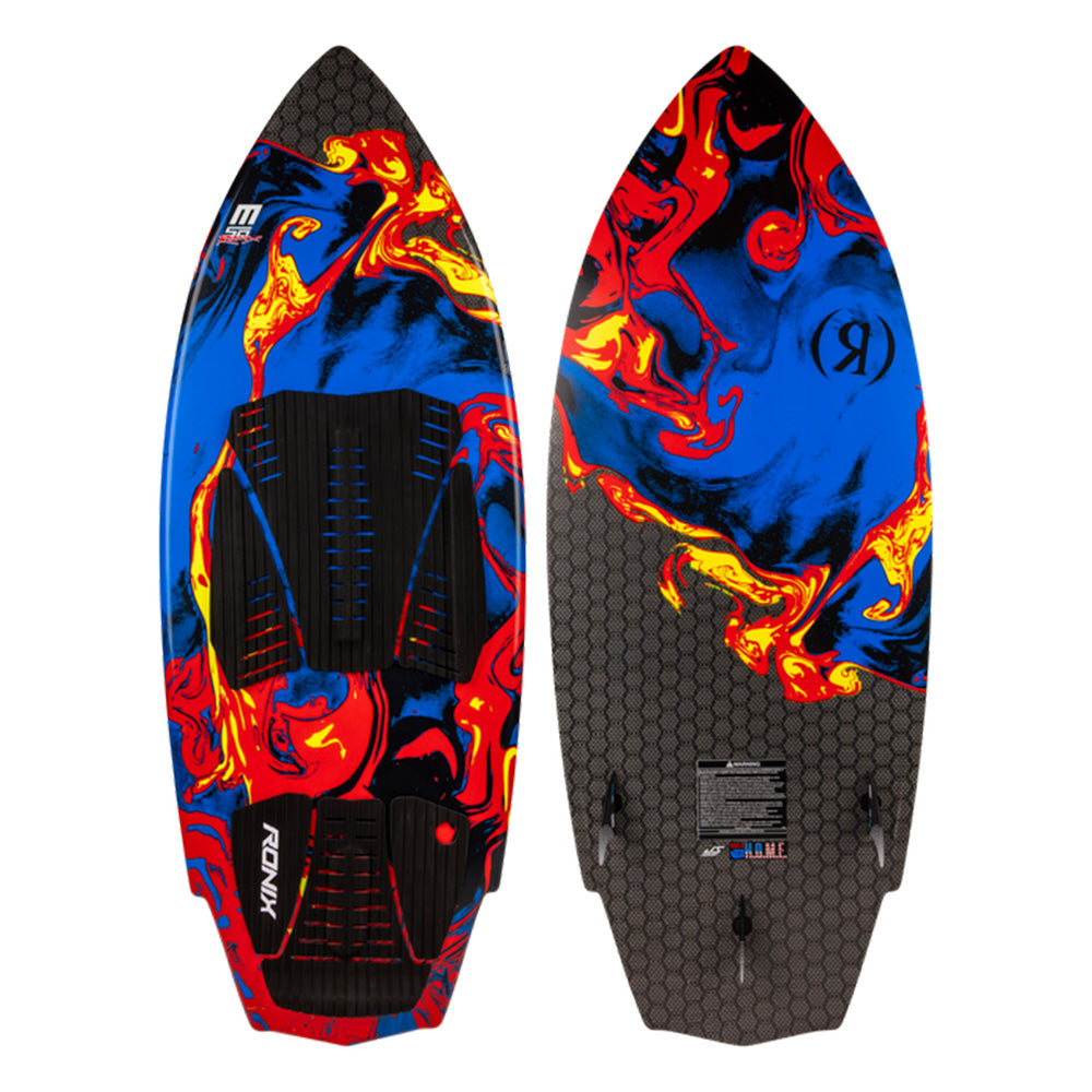 The Ronix 2025 H.O.M.E. Carbon Pro M50 Wakesurf Boards showcase vibrant blue, red, and yellow abstract swirl patterns along with black traction pads featuring a hexagonal texture on the back. With their high-end design, these surfboards are perfect for any surfing aficionado seeking both performance and style in their quiver.