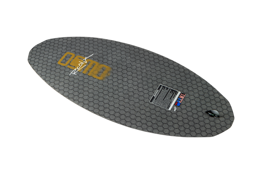 The Ronix 2025 H.O.M.E. Carbon Pro Osmo Wakesurf Board, featuring an oval shape with a black and grey hexagonal pattern, comes with a grip pad and a small logo. Its responsive twin-tip design makes it ideal for executing technical skim tricks.