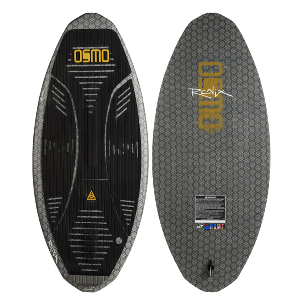 Two wakesurf boards are displayed front and back. The front showcases Ronix branding, while the back presents a gray hexagonal pattern with text and graphics. Crafted with a twin-tip design for performing technical tricks, these Ronix 2025 H.O.M.E. Carbon Pro Osmo Wakesurf Boards are designed to elevate your responsive surfing experience.