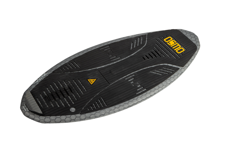 The Ronix 2025 H.O.M.E. Carbon Pro Osmo Wakesurf Board, designed in black and gray with a twin-tip shape, showcases the word OSMO in bold yellow on top, making it ideal for performing technical skim tricks.