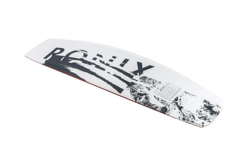 The Ronix 2025 Kinetic Project Wakeboard showcases a stylish white and black design with the RONIX brand printed boldly. This cable board is equipped with deep channels and a fast rocker to enhance your riding experience.