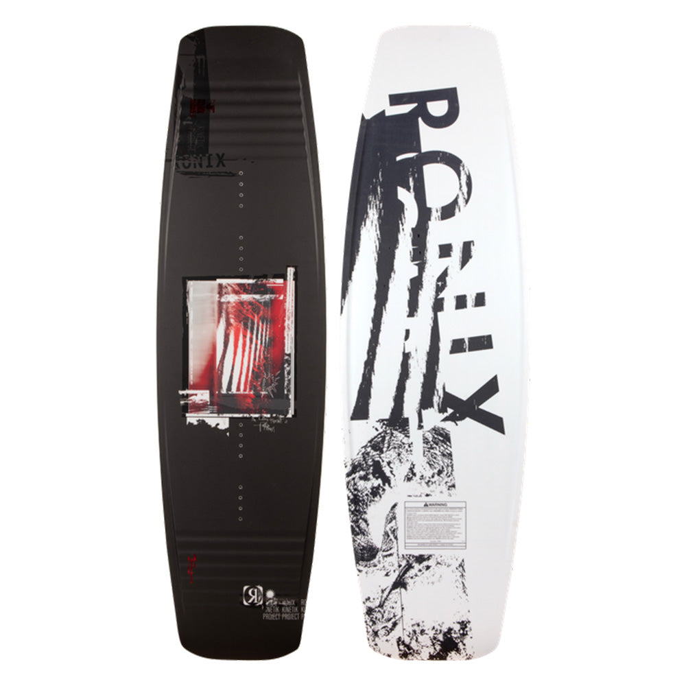 The Ronix 2025 Kinetic Project Wakeboard offers an exhilarating experience with two designs: one in black featuring a red and white graphic, and the other in white adorned with black text and abstract artwork complemented by fast rocker designs.