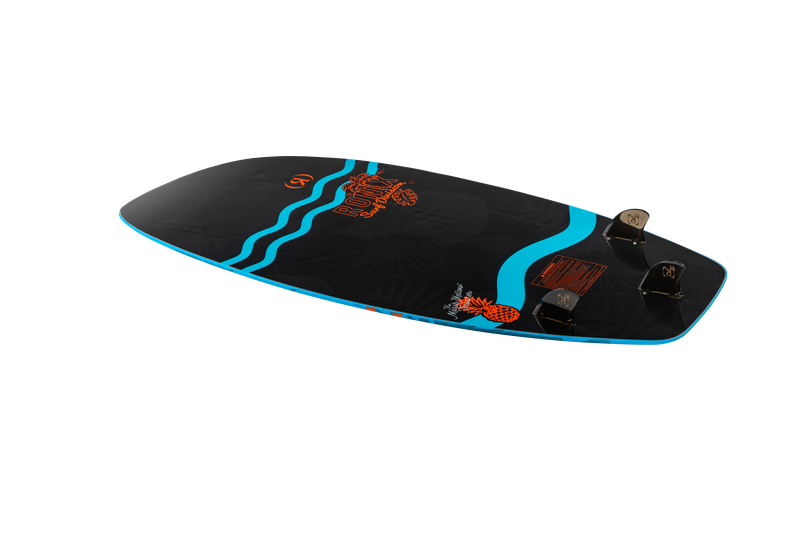 The Ronix 2025 Marsh"Mellow" Thrasher Wakesurf Board by Ronix is a stylish black kiteboard adorned with blue wave designs and orange accents. It features foot straps and thruster-shaped fins, ideal for optimal wakesurfing performance, displayed against a plain background.