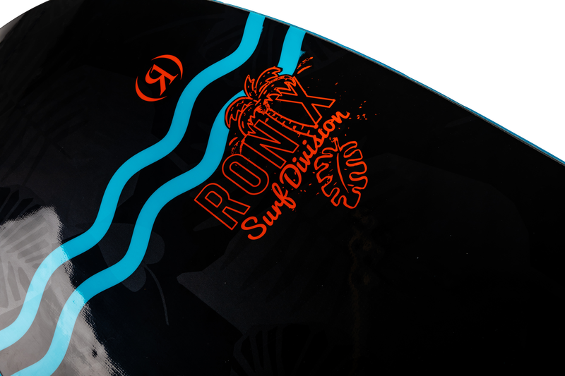 A close-up of the Ronix 2025 Marsh"Mellow" Thrasher Wakesurf Board displays its bold orange and blue wave design set against a sleek black background, featuring the Ronix Surf Division logo. This lightweight board with its soft exterior and innovative thruster shape is ideal for wakesurfing enthusiasts.