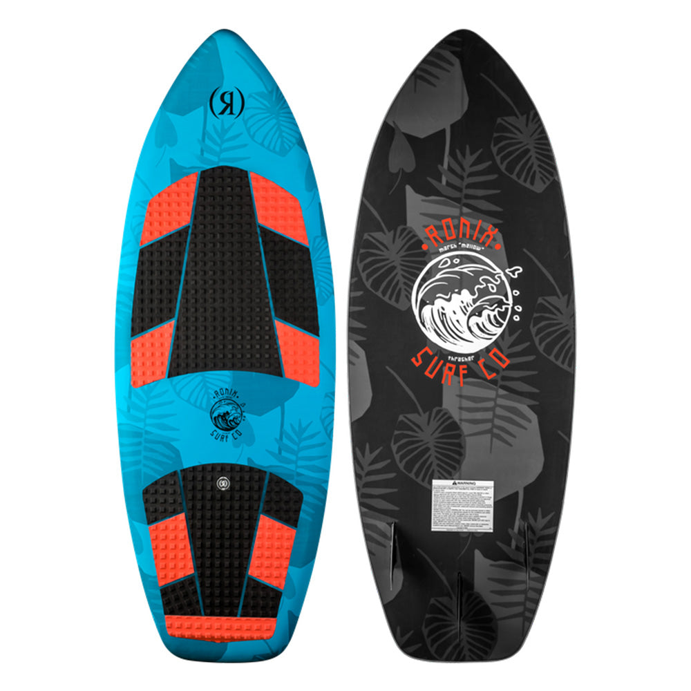 Two surfboards: the Ronix 2025 Marsh "Mellow" Thrasher Wakesurf Board in blue with red and black pads, featuring a lightweight soft exterior, and another model in black adorned with a wave logo and leaf pattern.