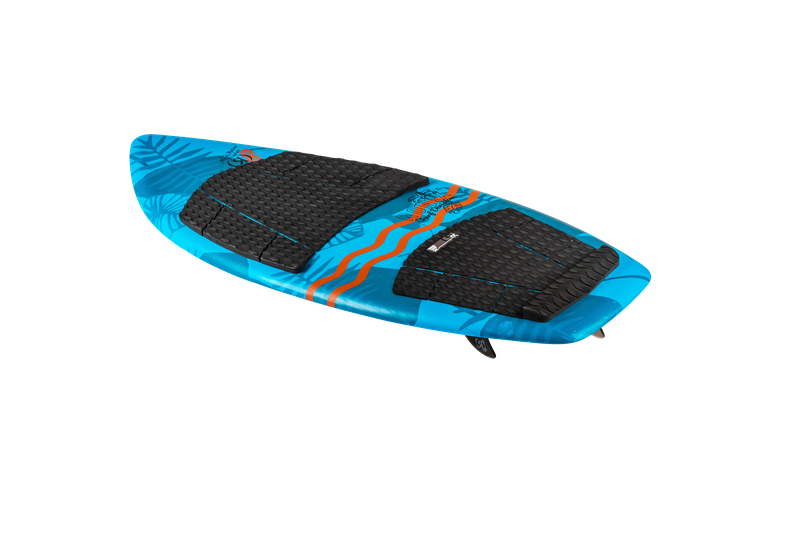 Introducing the Ronix 2025 Marsh "Mellow" Thrasher Wakesurf Board by Ronix: A striking blue and black foil design with a wavy orange pattern, equipped with textured foot pads and a fin for enhanced control. Its thruster shape ensures exceptional performance for wakesurfing enthusiasts.