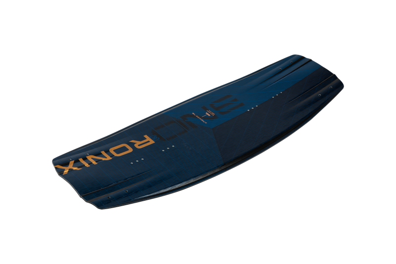 The Ronix 2025 One Blackout Wakeboard is a blue board featuring the word ONE prominently and RONIX in a smaller font, crafted with Blackout Construction. It's displayed against a plain white background and includes Pre-Tension Glass for improved durability.