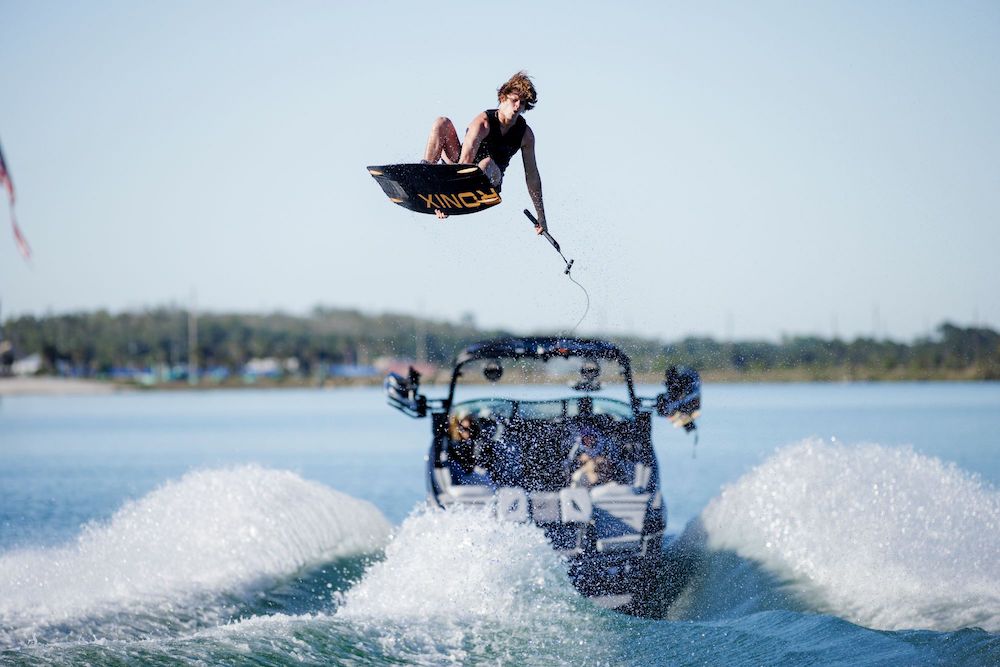 Tyler Higham Action Shot for Ronix 2025 One Blackout Wakeboard