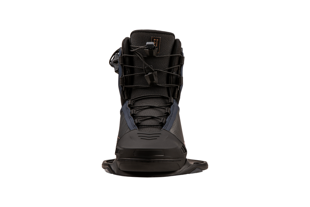 Ronix 2025 One Carbitex Boots in black, highlighted by the Carbitex Omniflex lacing system, viewed from the front against a simple backdrop. This high-response boot is equipped with an Intuition+ heat moldable liner, ensuring ultimate comfort and peak performance on the slopes.