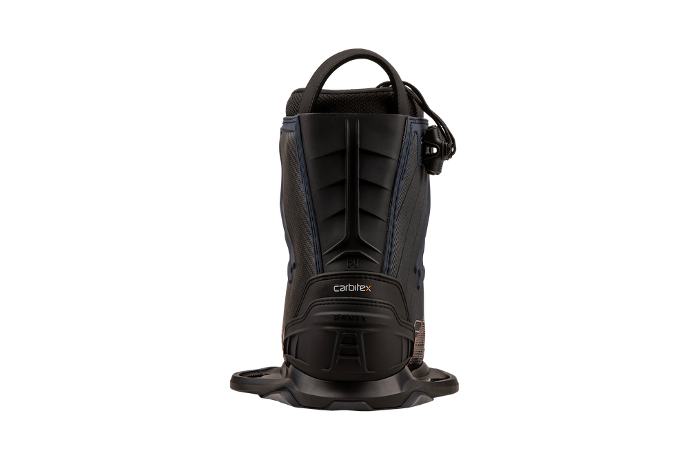 Rear perspective of the high-performance Ronix 2025 One Carbitex Boots showcasing a sleek dark design, adorned with Ronix branding and a textured sole, enhanced with Carbitex Omniflex technology for exceptional flexibility.