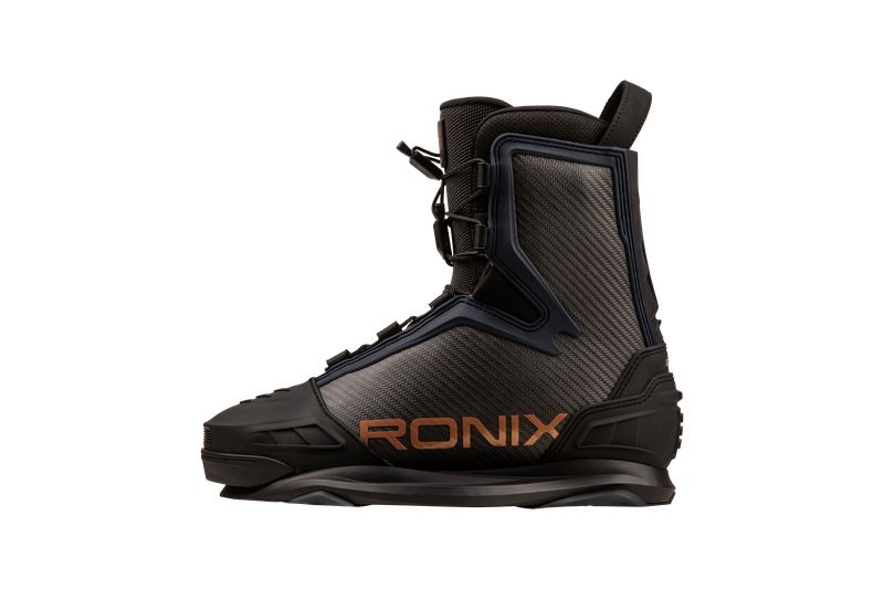 The Ronix 2025 One Carbitex Boots feature a sleek black and orange design with an adjustable strap, textured finish, and high-response fit. Enhanced by the Intuition+ heat-moldable liner, they provide personalized comfort. The advanced Carbitex Omniflex technology further boosts their impressive performance capabilities.